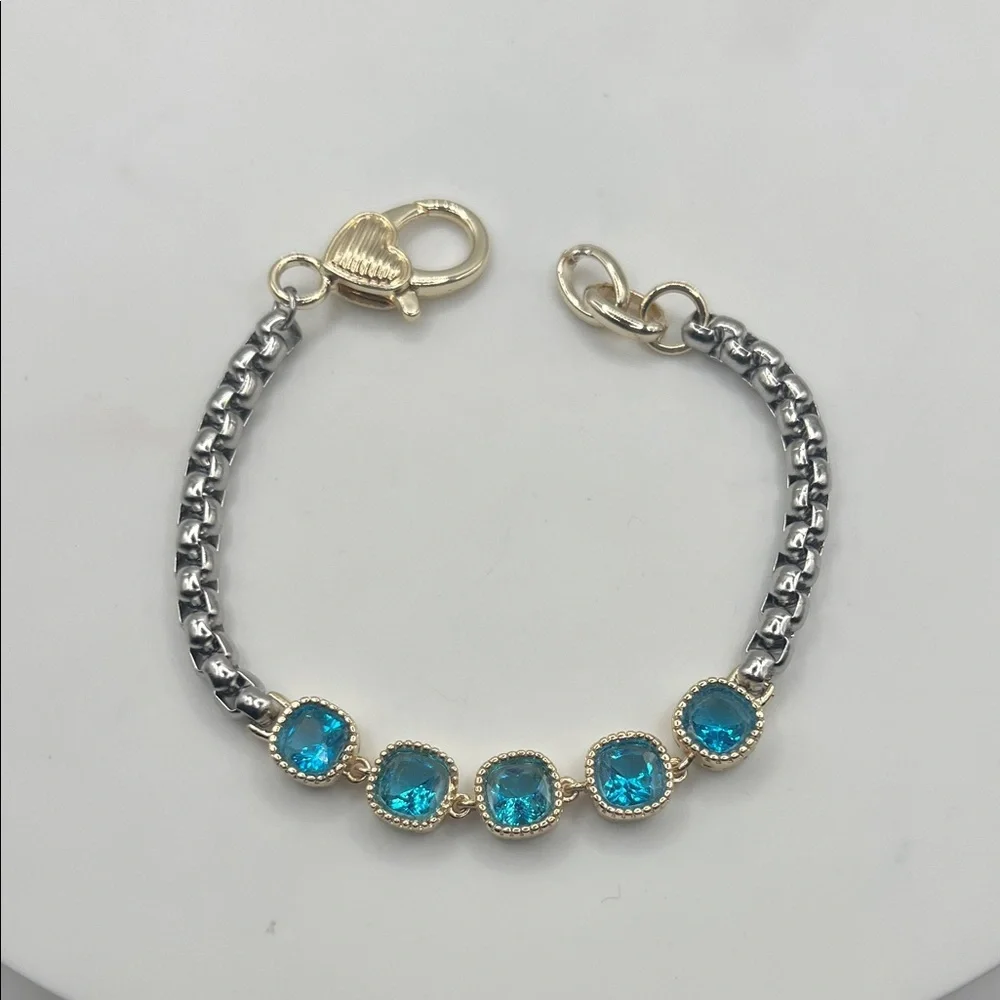 1394. 18k White Gold Plated and 18k Gold Plated Marine Blue Bracelet 7 1/4” - 8”